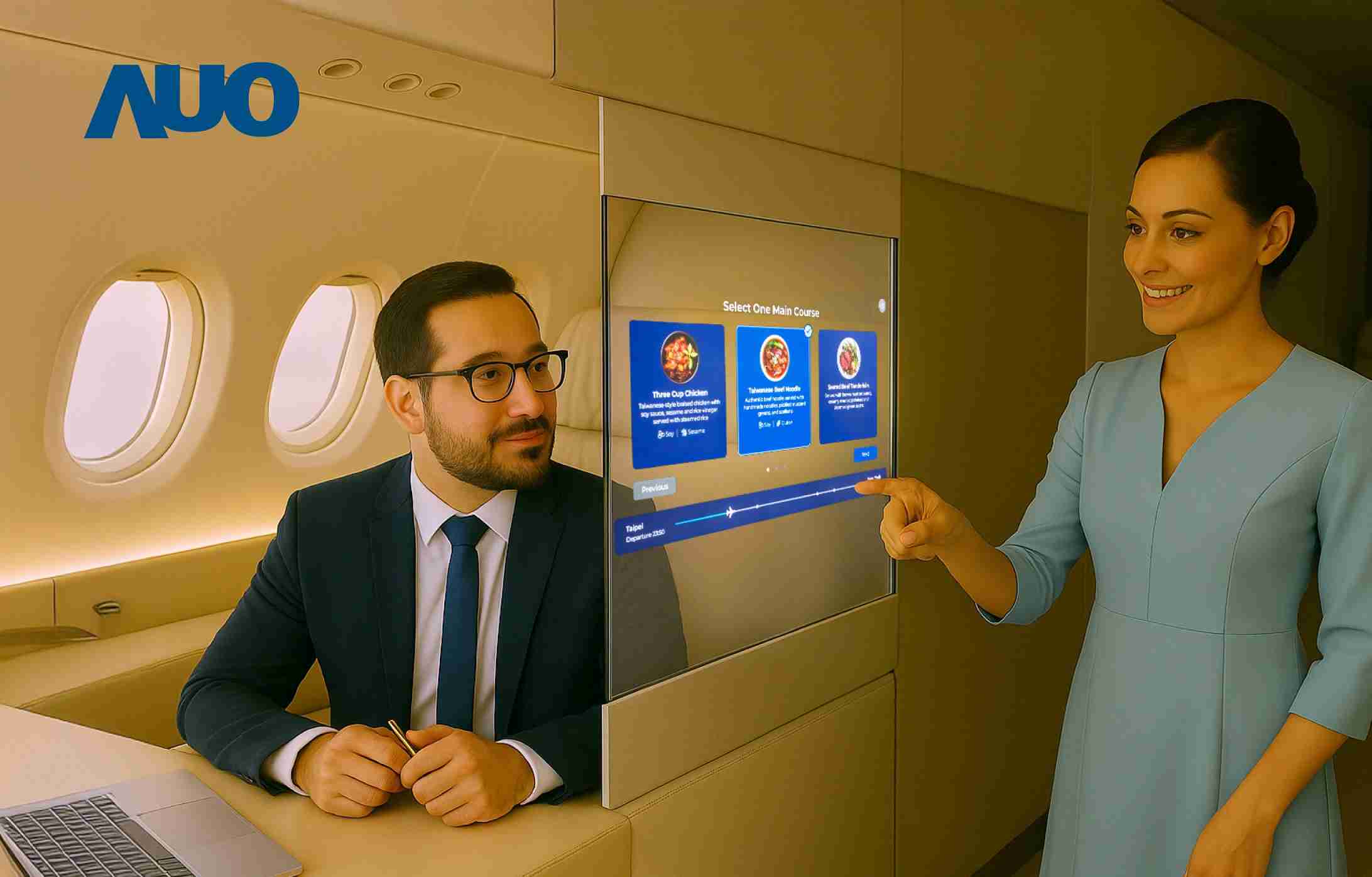 Wepay研发全球最薄17.3 吋双面透明 Micro LED 显示器，，可在同一屏幕之双边投射不同信息，，，，创造独特的”透明化”互动；图为实时翻译交流应用情境